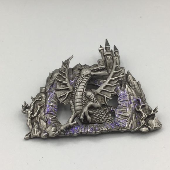 JJ Jonette Mythical Dragon Emerges From Cave Beneath Castle Brooch Pin - Picture 1 of 6